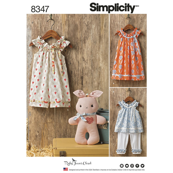 8347 Toddlers dress, top and knit capris, and stuffed bunny