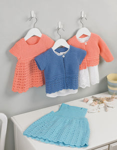 5205 Crochet DK Kids Pinifore Dress & Cardigans