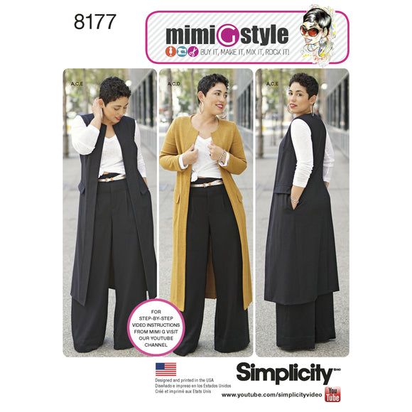 8177  Mimi G Style Trousers, Coat or Vest, and Knit Top for Ladies and Plus Sizes
