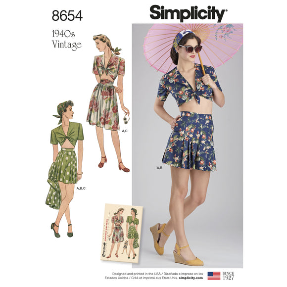 8654 Ladies Vintage Skirt, Shorts and Tie Top