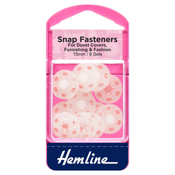 Snap Fasteners: Sew-on: Clear (Plastic): 15mm: Pack of 6