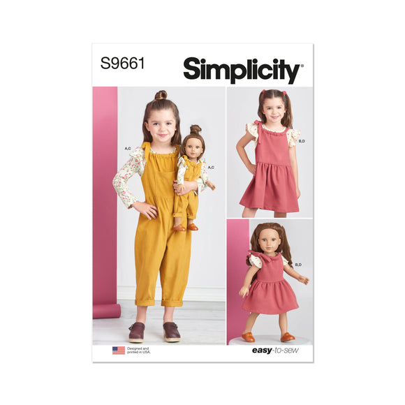 9661 Children's Knit Tops, Overalls, and Pinafore and Doll Clothes for 18